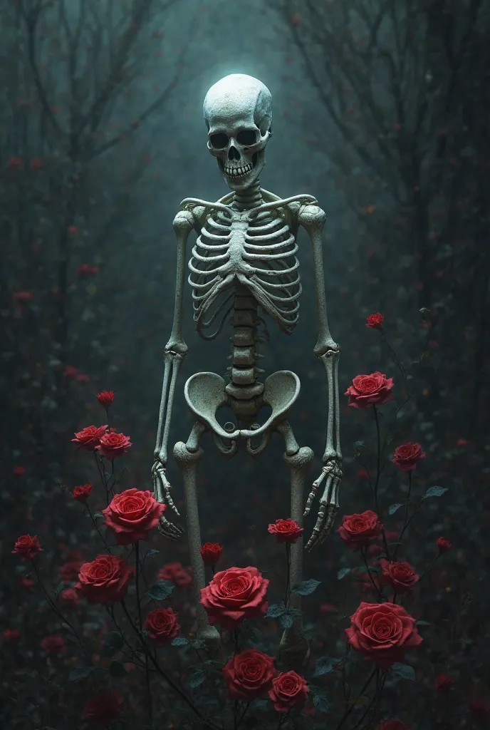 Skeleton in the dark with scarlet roses 