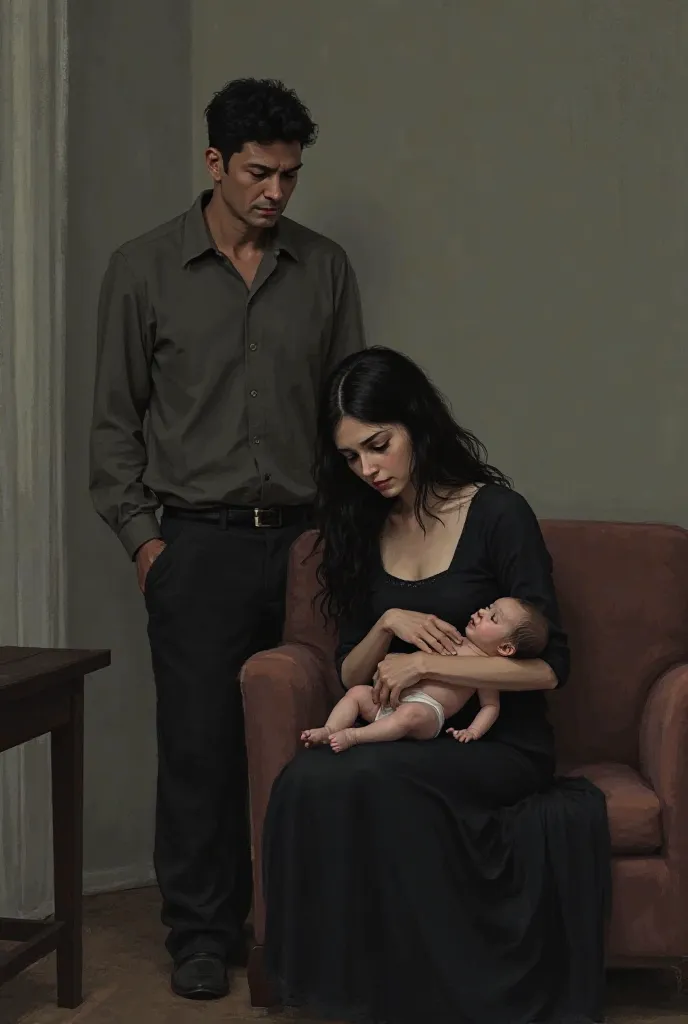 a family . Woman sits on single sofa and has baby in her lap. Black dress also on. The man stands and looks sadly at the woman.