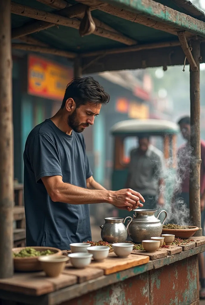 Create an image of messi making tea in a tea stall 