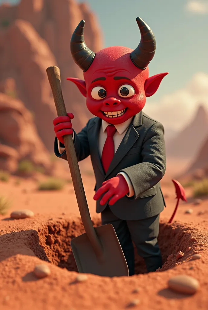 A 3d movie poster in disney-pixar style for Red devil with horns in a suit with a shovel burying Jesus Christ who is inside a hole in the middle of the desert, Make Jesus have clothes and he is awake with his eyes open 