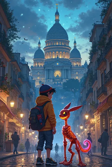 A Pokémon trainer has illuminated next to Sacré Coeur in Montmartre with his skeleton Pokémon in the artistic style of Pokémon 