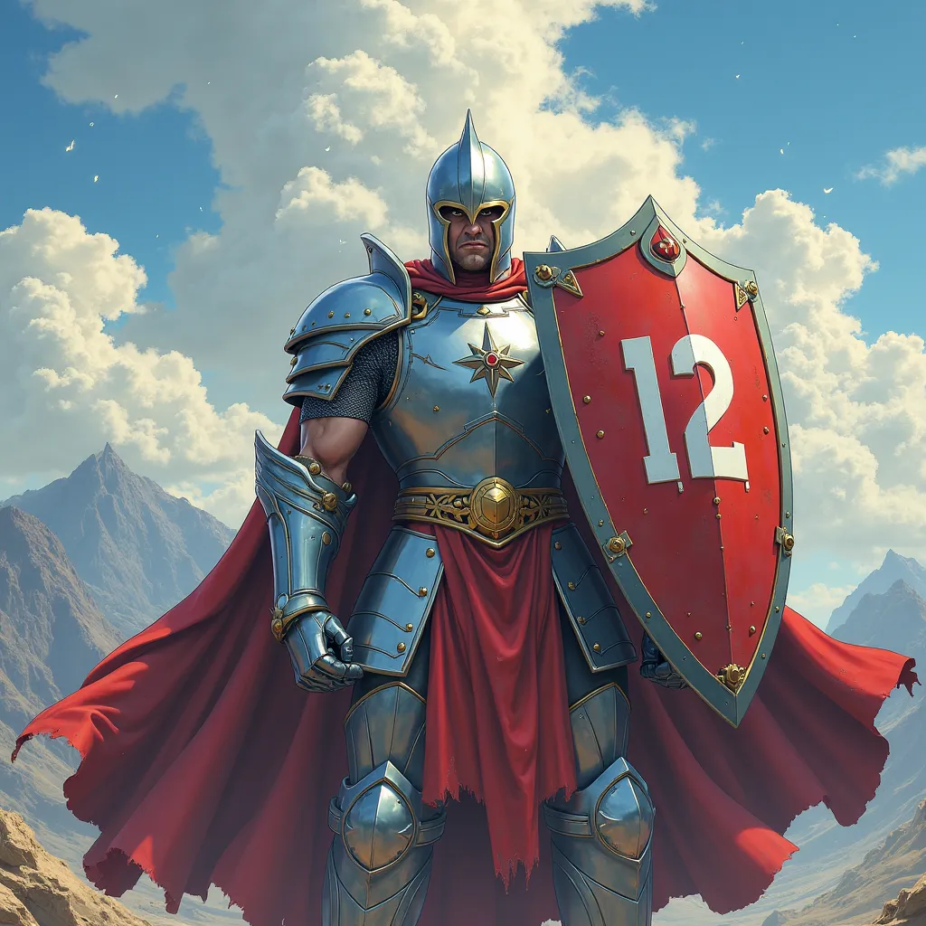 Anime crusader with a shield with the number 12