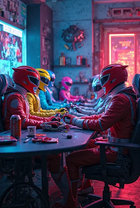 Create an image of the Power Rangers playing video games on PC gamer 