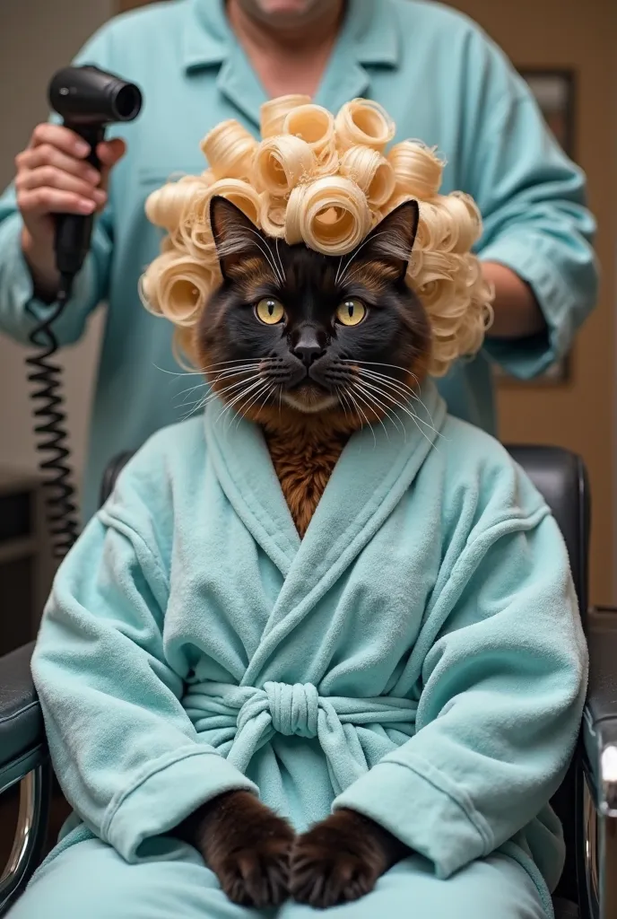 A black cat wearing a robe and large hair rollers sits in a barber's chair, while a person uses a hair dryer on its head.

The image presents a humorous scene, likely from a film or photoshoot.  A person is using a hair dryer on a cat seated in a barber ch...