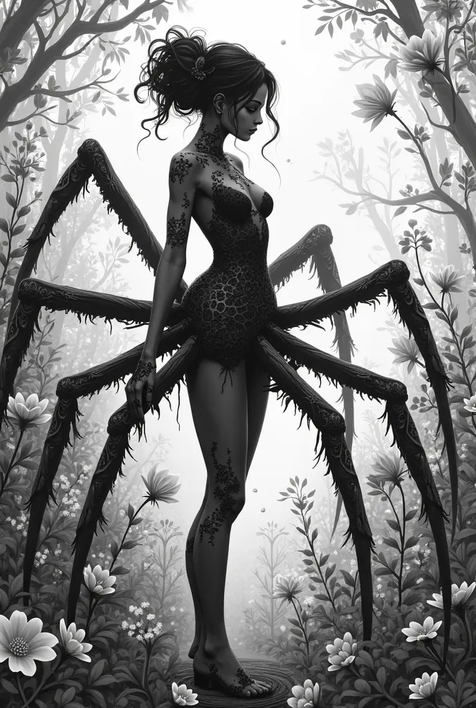 spider, Women, illustrated black and white , flores
