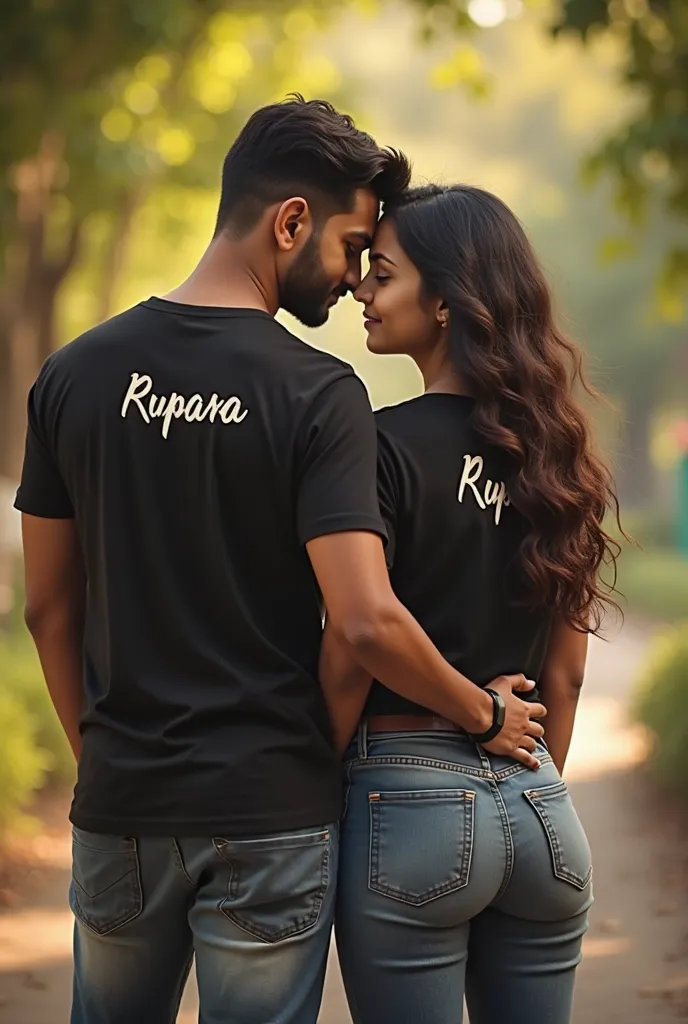 20 year old boy with a girl wearing a black shirt where the boy name is Hemant write on it and the girl name is Rupa 
write on it 