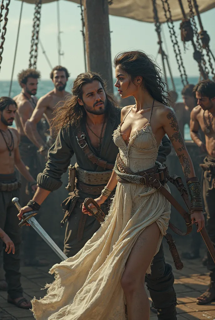 A woman wearing a skin tight torn a line long flowing dress with mid sleeves being guarded by a young handsome pirate man with sword drawn yelling at the other crew members. 