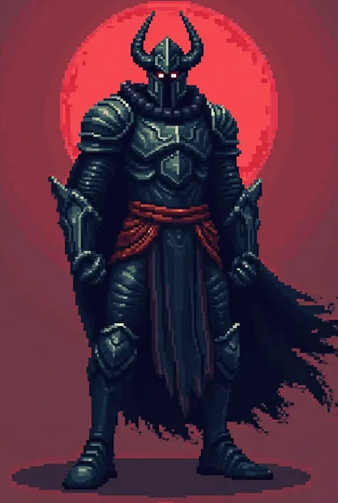 Create a pixel art character in retro style, with a resolution of approximately 64x64 pixels. The character must represent a 'Knight of the Shadows', wearing detailed black armor, with dark and mystical elements, like a helmet with horns or a flowing cape....