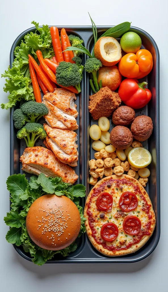 Comparison between what a professional athlete eats vs.. An average test person . Picture with a large food tray separated in half. The left half of the tray is healthy food such as fresh meat and fish, Vegetables and Fruits. And the half on the right is j...