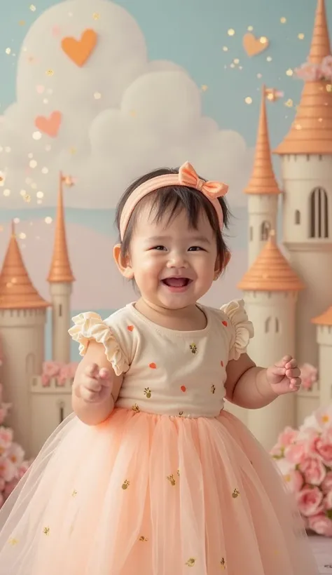 A smiling baby girl wearing a soft peach and cream-colored dress with tiny heart and bunny patterns, delicate ruffled sleeves, and a matching peach headband with a bow. She looks playful and excited. The background is a fairytale scene with a pastel-colore...