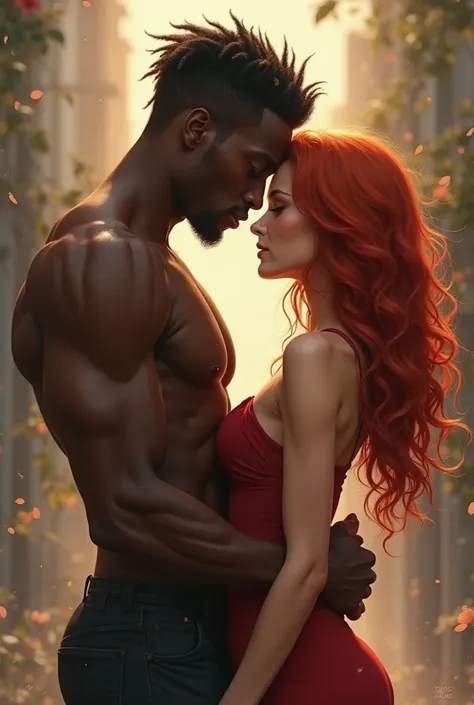 A black man and a red-haired woman kissing 