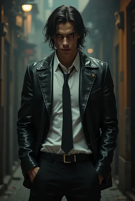 Tall, thin, slightly long-haired man in a leather jacket, dress pants, dress shirt and tie, 19 years old, Brazilian and evil