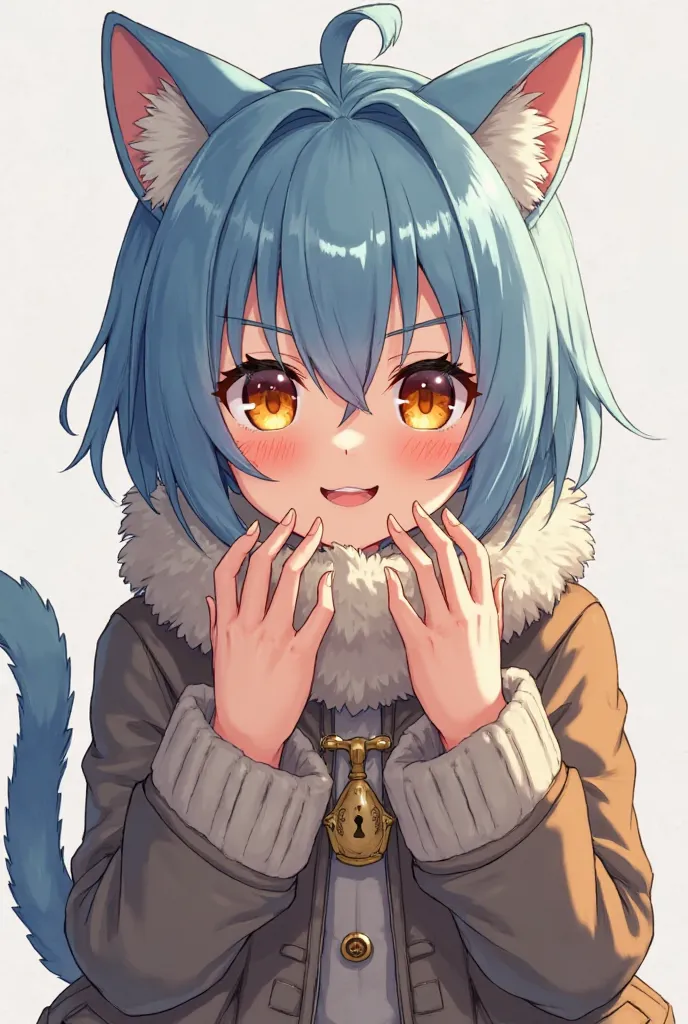  creates a boy with cat ears water blue hair . with yellow eyes with dark orange . and a warm sweater with closure on her sleeves and around her neck has fluffs that are part of the coat with closure. with the position of open arms as if I wanted to rule t...