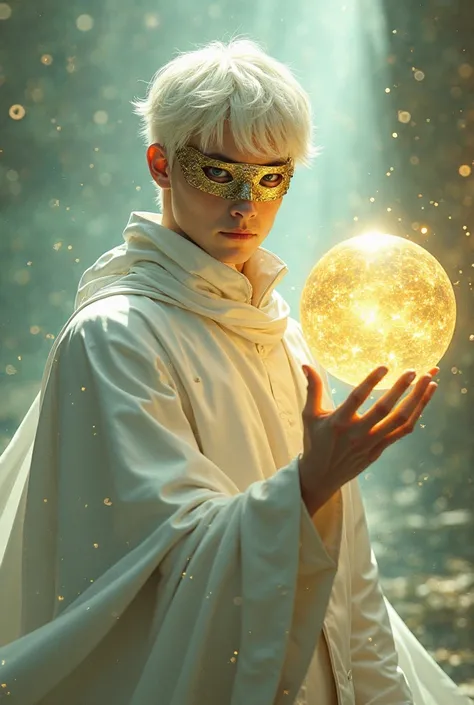 19-year-old boy with white hair, Clothing white coat, a sphere of heavenly and golden energy in his right hand, a golden mask that covers his face, has a serious face,  and his eyes are green . 