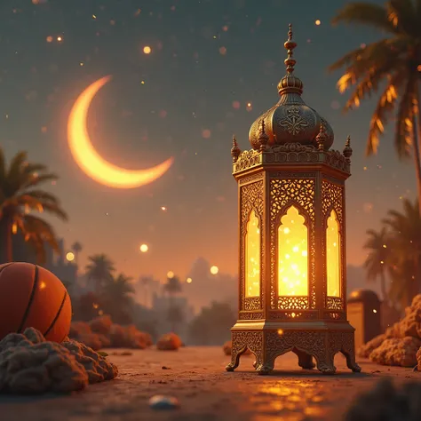 A Ramadan big lantern at the right of the picture and a crescent moon at the left , high quality and details in a yellow theme with high quality sport items in the background