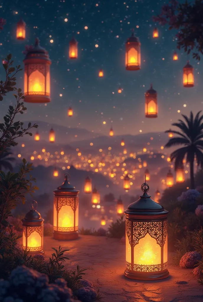 A picture of the holy month of Ramadan, lanterns, stars and flyers 