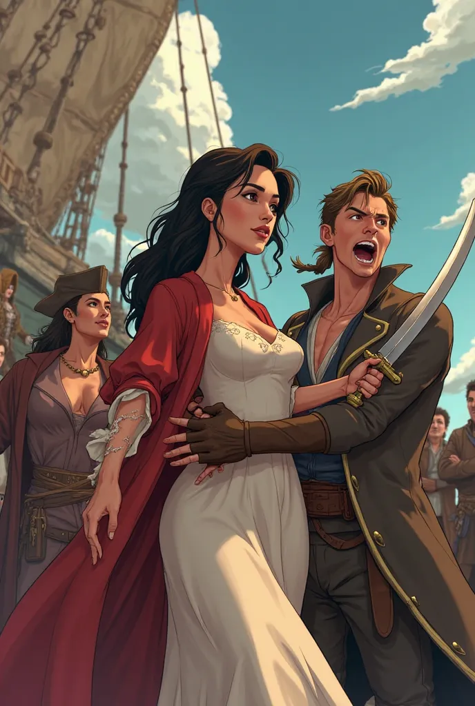 A woman wearing a skin tight torn a line long flowing dress with mid sleeves and matching thin coat being protectively guarded by a young handsome pirate man with sword drawn yelling at the other crew members. Animated