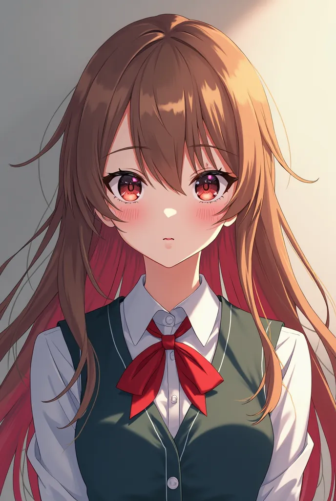 A girl in the style of the anime Boku no Hero,  with white skin , long light brown hair with dark red tips, One eye red and the other brown and wearing school clothes from Boku No Hero