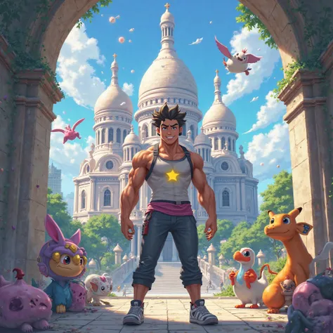 A Pokémon trainer with a physique of 16-18 has illuminated next to Sacré Coeur in Montmartre in the artistic style of Pokémon 