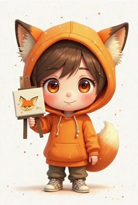 Create a chibi-style animated character, with an orange fox-like hoodie.  The character has brown hair and big deep orange eyes. The sweatshirt has details that simulate a fox's tail and ears. He wears brown pants and white shoes holding an art painting