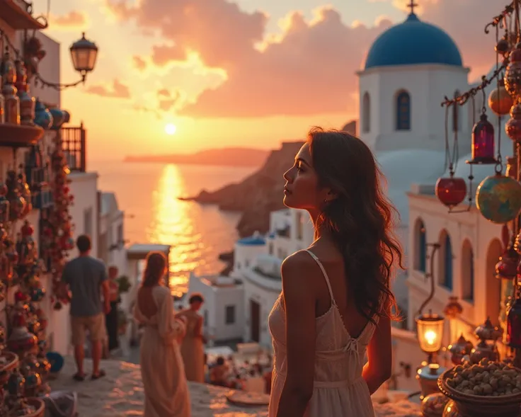 someone gazing wistfully at a sunset in Santorini or having a "spontaneous" laugh while exploring a vibrant market in Marrakech