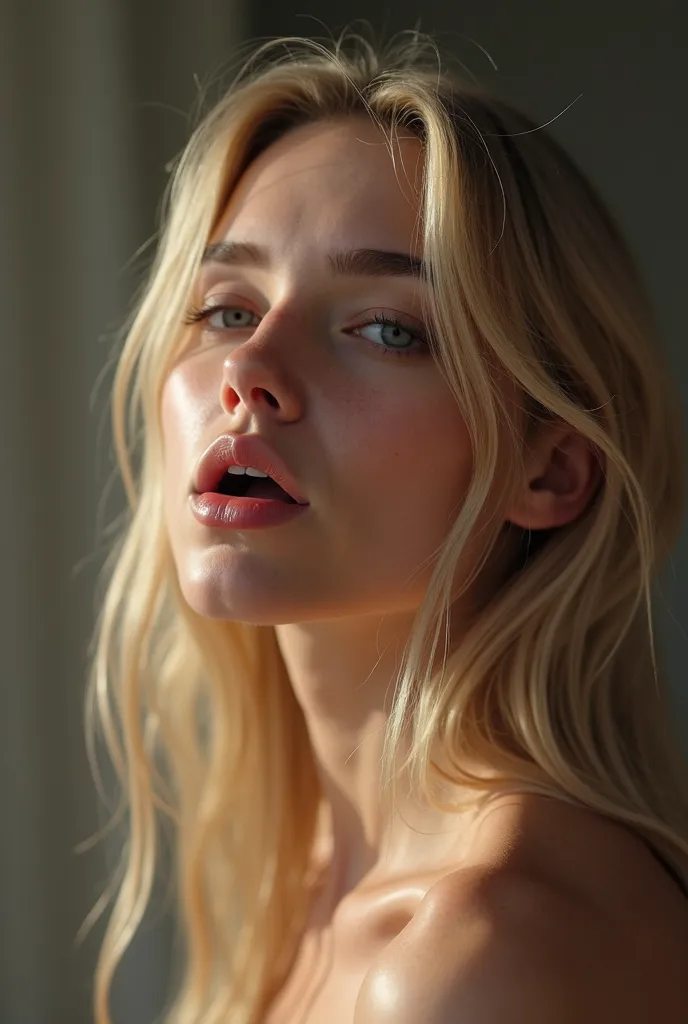 Portrait of a young woman aged 20,  Blonde with long straight hair, orgasms from sexual satisfaction, open mouth, white milk does not leak out in the mouth