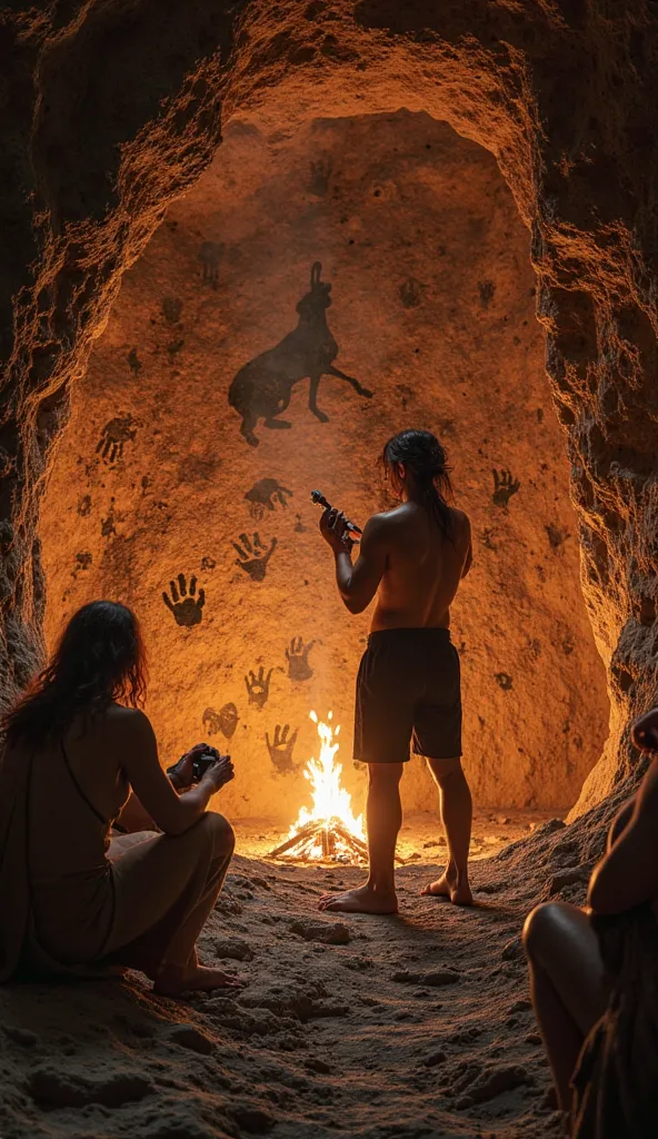 POV shot: You( a cave man, from your point of view, there are no more people on the scene stand in the deeper part of the cave, holding a piece of charcoal. Your hands are visible as you draw on the rough stone walls: animals, handprints, and abstract symb...