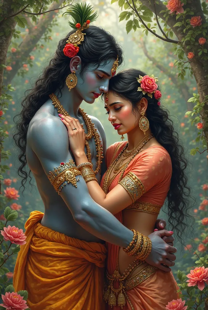 Radha and Krishna hugging each other while radha cries in arms of Krishna 