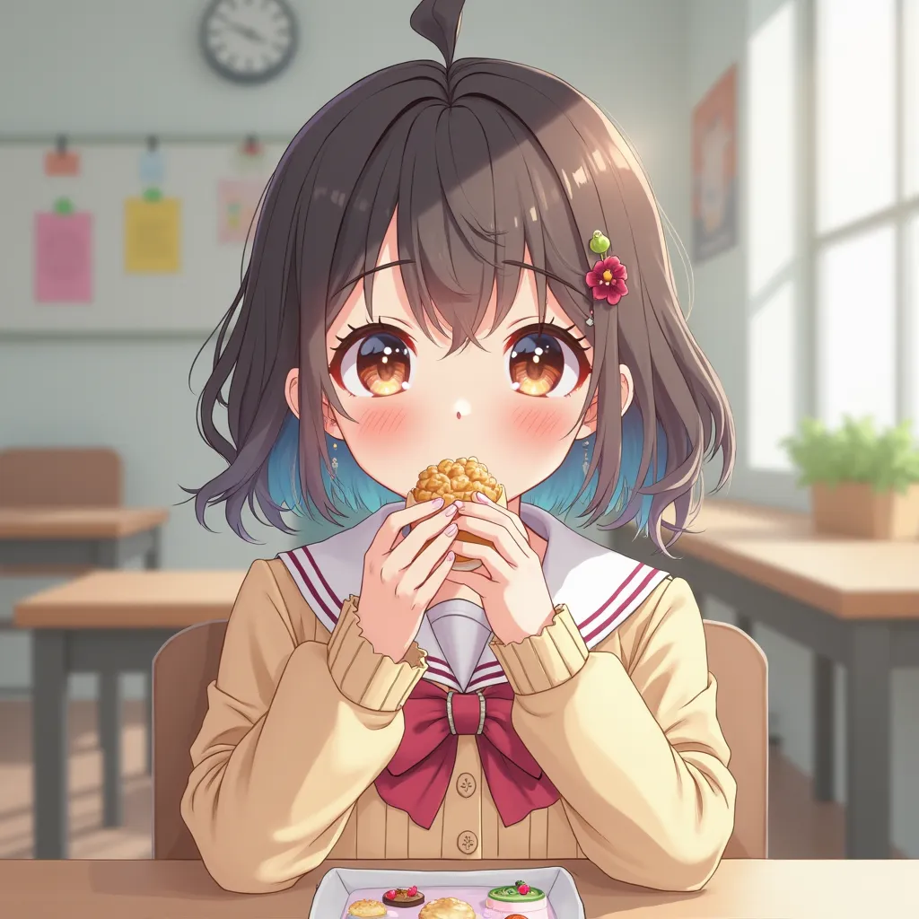  girl at school holding a snack for lunch
Anime style (Do the Anime traits yourself)