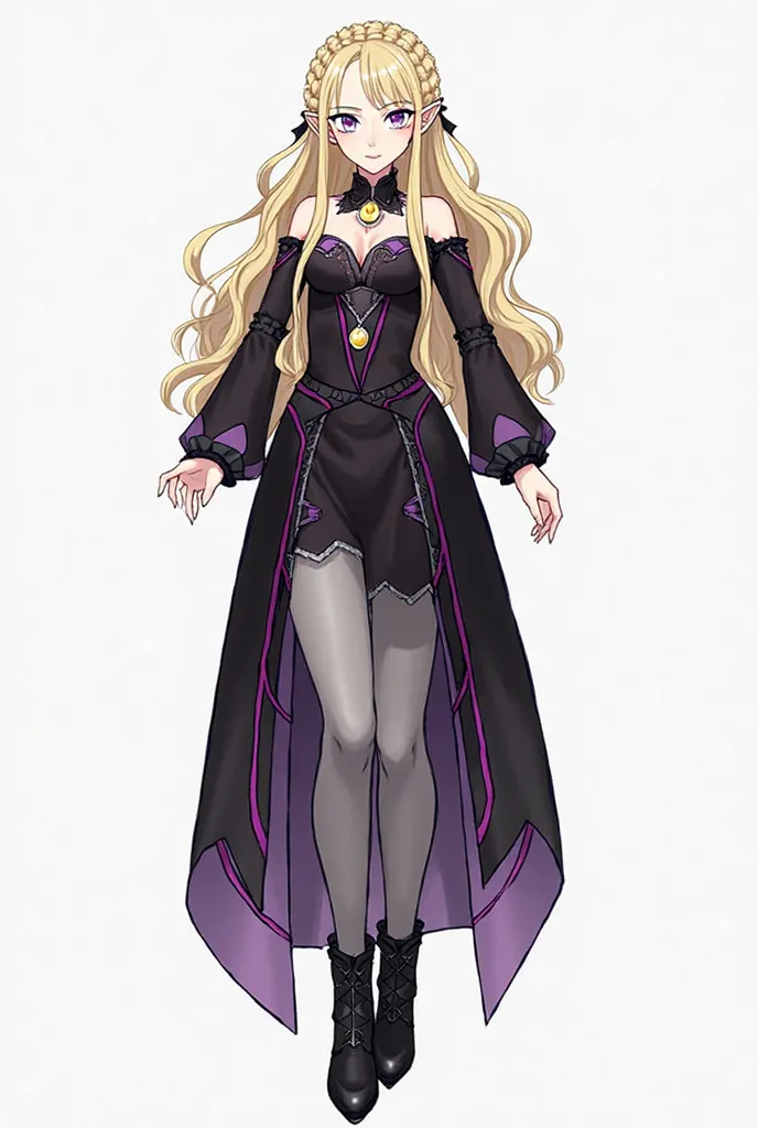 Gwendolyn:
 sexuality:
straight.
 height :
181 cm.
skin tone:
Pallid
Eye color:
 purple sclera.
White pupil.
Hair color:
blonde.
Appearance:
 vials with long ones, with braided blond hair, outfit that falls from front to waist. She is dressed from head to ...