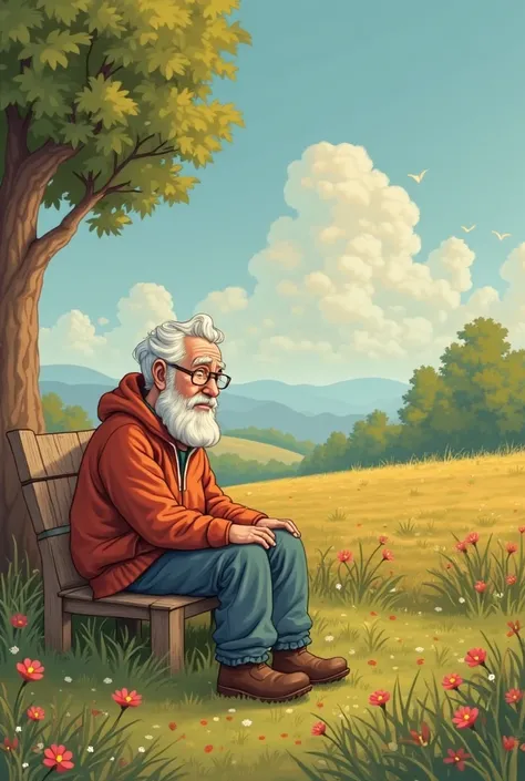 Grandparents sit sad in the countryside in the style of cartoons or fairy tales 