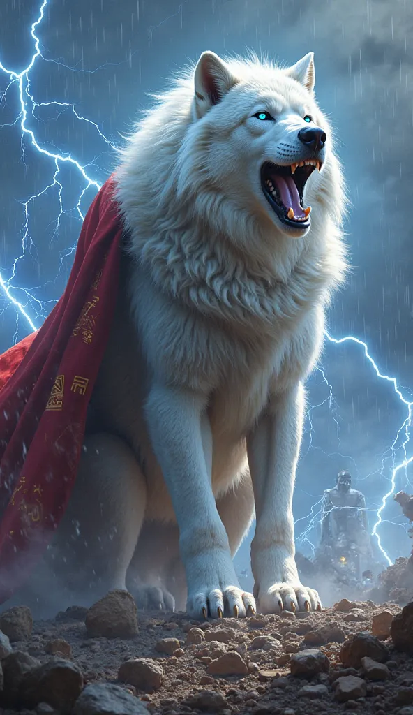 A hyper-realistic digital painting of a white wolf hybridized with Thor, standing on a storm-ravaged battlefield. The beast’s thick fur is streaked with glowing Asgardian runes, and its piercing blue eyes crackle with divine lightning. A battle-worn red ca...