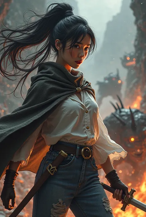 A very beautiful Korean woman, 26 years old, with long black hair and a stunning appearance. She is dressed in a white blouse and blue jeans, transformed into a fierce dungeon hunter. Her outfit is practical yet stylish, with a torn cloak draped over her s...