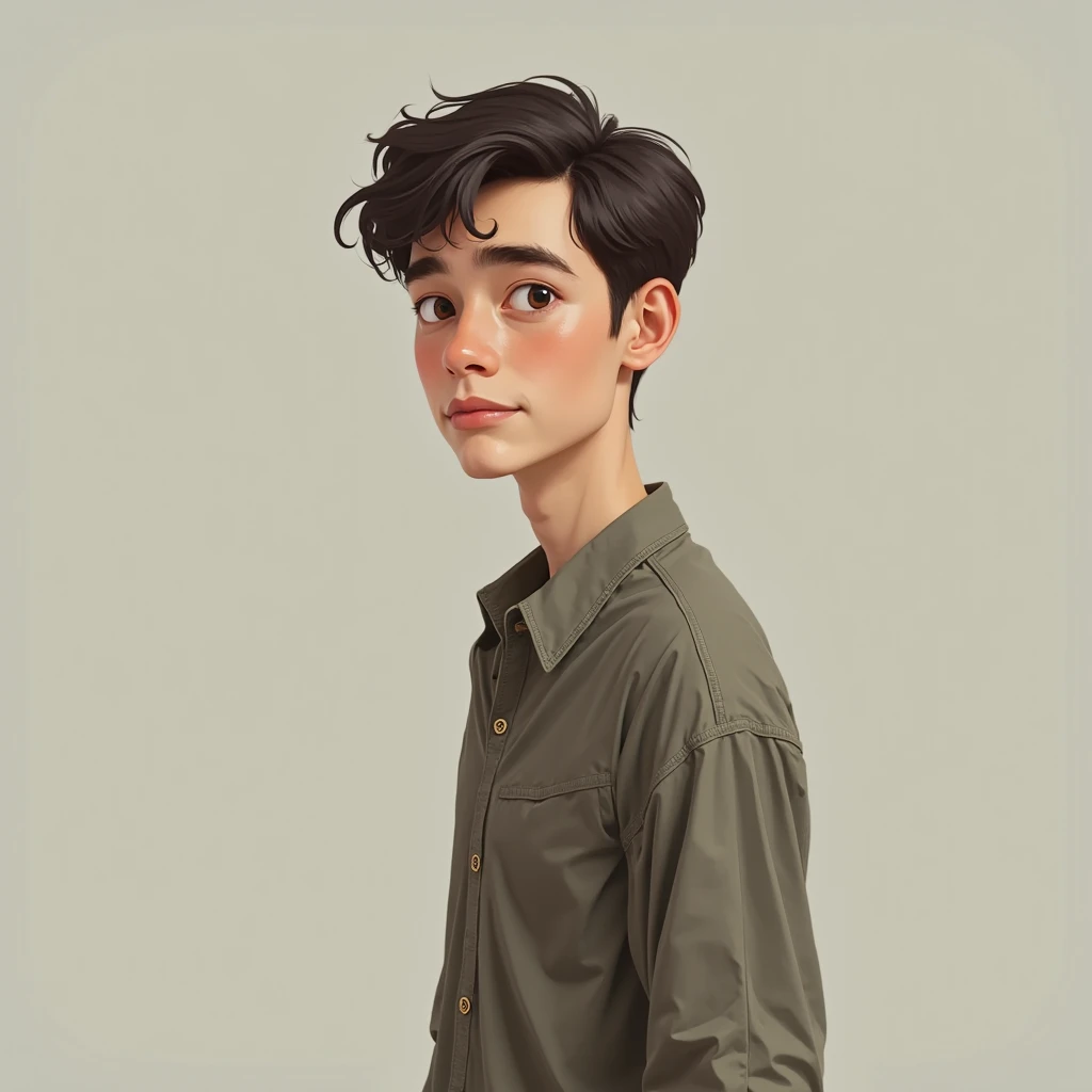 young man, Approximately , 179 centimeters tall , Caucasian,  skinny build ,  brown eyes, short black hair, there is no hairstyle, there is no facial hair, short nose 