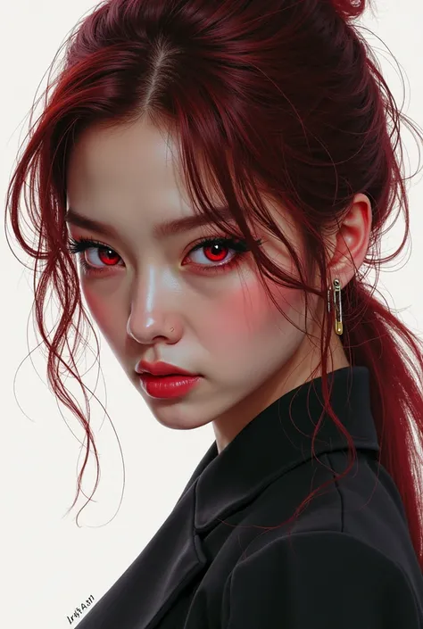 A realistic Asian girl with dark red hair and beautiful eyes in the same color and her sharp features look hostile and the background is white
