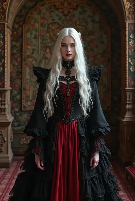 Actress Hunter Schafer as a white-haired princess dressed in black and red in a Tudor setting