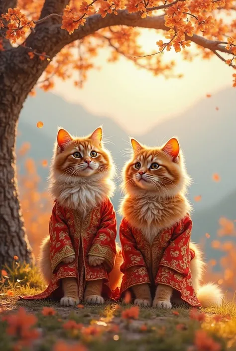 A full-body view of two fluffy orange-furred cats standing side by side under a fully bloomed Padauk tree. They are dressed in traditional Shan attire, featuring intricate patterns and bright colors that contrast elegantly with their soft fur. Instead of f...