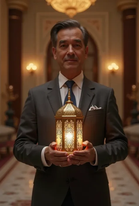 A picture of a man wearing a suit and holding a Ramadan lantern