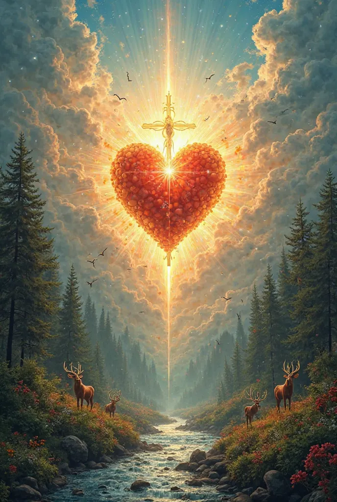 Create an image of the Sacred Heart of Jesus
With rays, skies, clouds, forests, rivers and animals