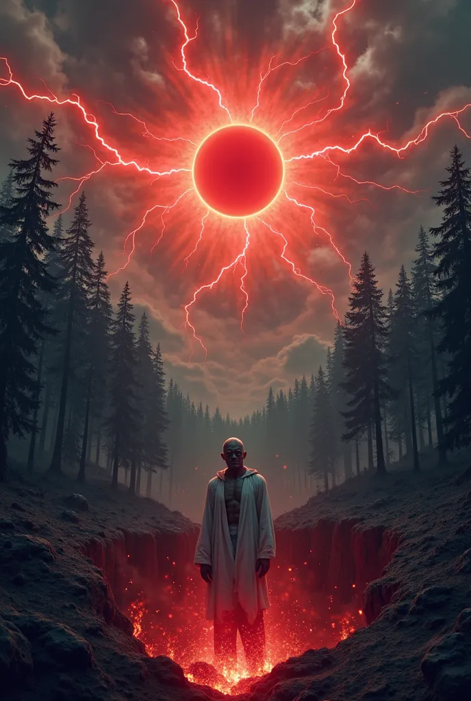 Draw the edge of the forest. There is a solar eclipse in the sky. Red lightning in the clouds.  Dark tones predominate . A man climbs out of the pit,in white clothes ,engulfed in red flames, gets out of the hole, a serious and evil face