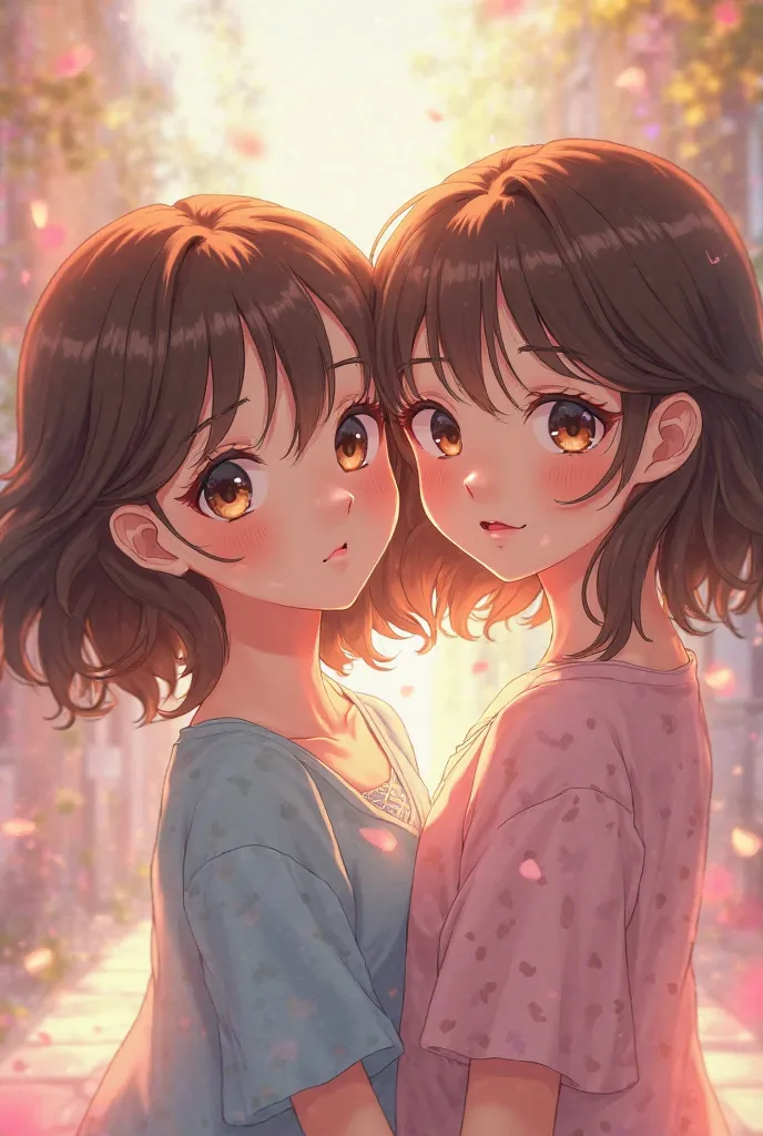 Two 20-year-old twin girls with brown hair, dans le style anime 