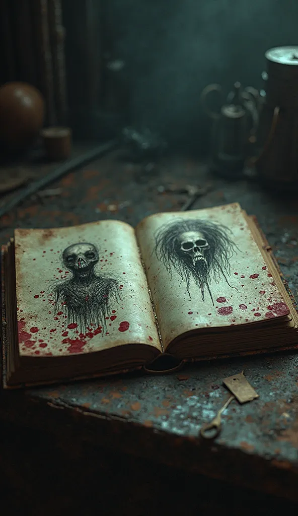 An old diary, open on a table, with blood-stained pages and drawings of a ghastly creature.	