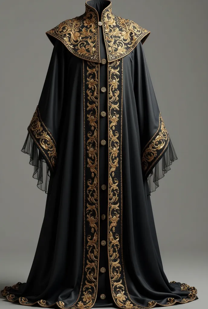 3D rendering of the design of a manto in black and with satin fabric and net and round collar and of netting and gold embroidered round the collar and on the path of the buttons