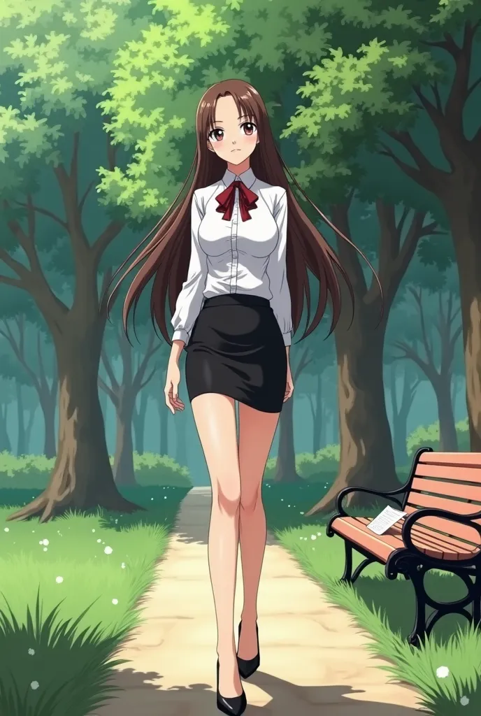 (((anime style))), Nami one piece
 1 woman, slender, sexy, uniform Office, very short skirt, white blouse, Black high heels、tight black skirt,
( big breasts:1.3), ((full body image)) walking, park, trees, grass, benches, a path.
 A letter on bench