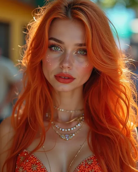 Create an image of a young white woman , long straight orange ginger hair , ,shiny textured skin, green eyes, medium lips with gloss, eyebrows done, red blush,wearing a fantasia linda de carnaval, como a da a Paolla Oliveira hoje,, nas cores  branca com bo...