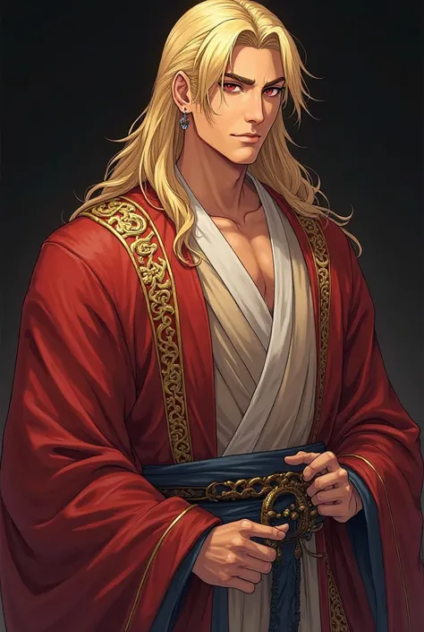 1 man,  portrait, ancient Persian man , Bold posture ,  with tanned skin , facial features similar to Kazama Chikage from the anime Hakuouki  ,red eyes, blonde eyebrows,neck-length blond hair,  flowing neatly ,  giving the impression of splendor . Dressed ...