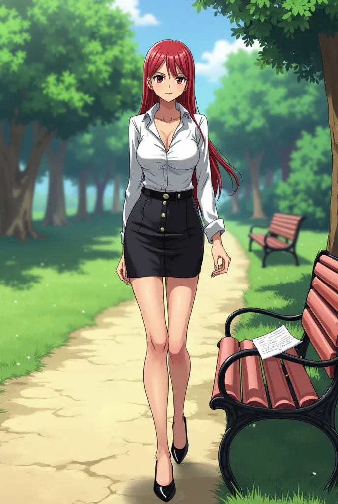 (((anime style))), (((Nami one piece)))
 1 woman, slender, sexy, uniform Office, very short skirt, white blouse, Black high heels、tight black skirt,
( big breasts:1.3), ((full body image)) walking, park, trees, grass, benches, a path.
 A letter on bench