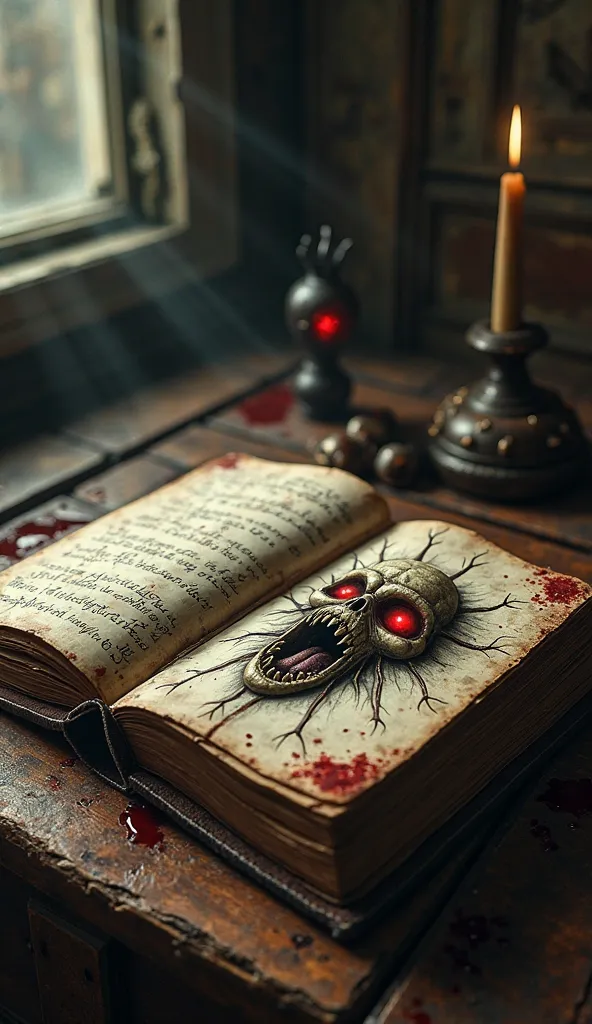 An old diary, open on a table, with blood-stained pages and drawings of a ghastly creature.  with red eyes and sharp teeth , And some scriptures in the diary	