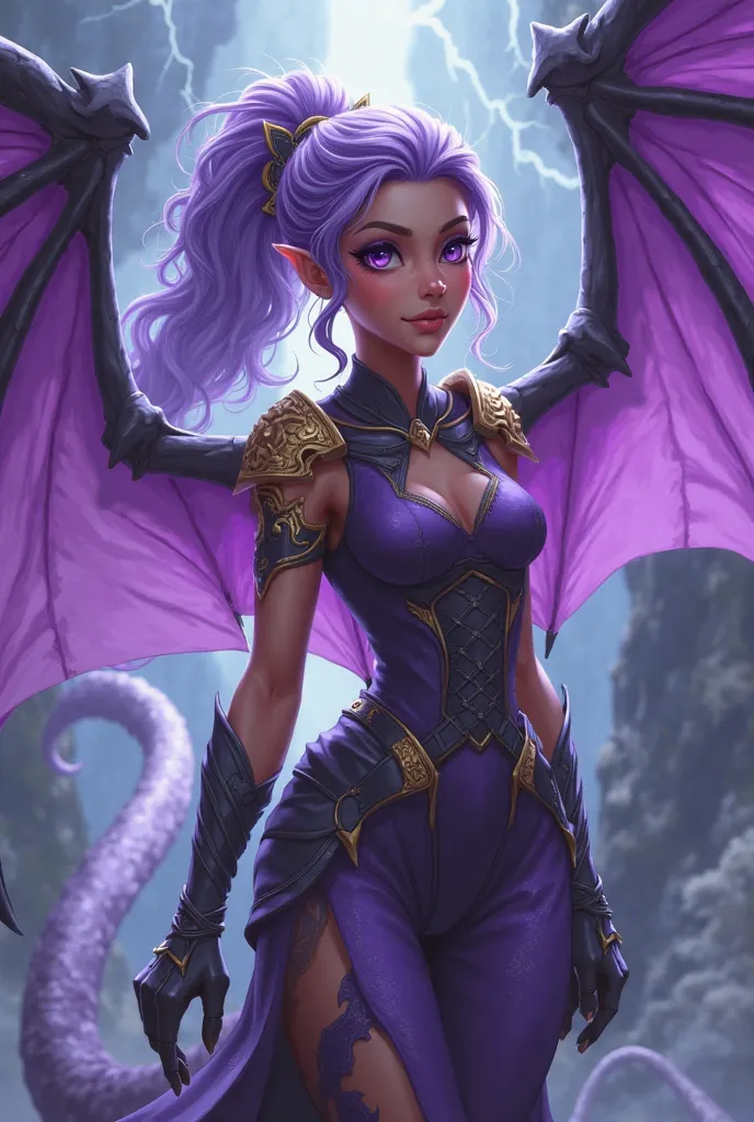 Sapphire Thunderwinged:
race:
Dragon.
 height :
179 cm
Skin tone
suntan
Black and purple (wings)
Hair color
Lilac
Eye color
Lilac-blue sclera with white pupils.
Appearance:
tanned dragon with purple hair and purple eyes. Ее wings более насыщенного фиолетов...