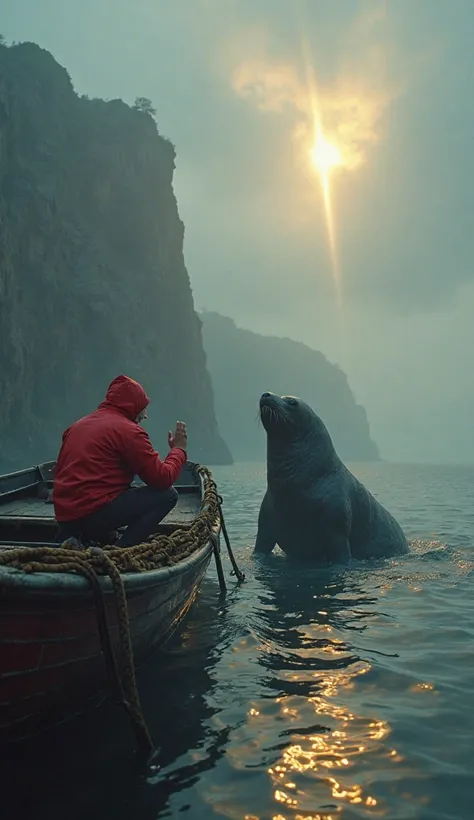 "A hyper-realistic image in 8K UHD resolution of the same old fisherman in a red raincoat, kneeling at the edge of his large fishing boat, watching as the enormous seal, now free of its parasites, slowly slides into the dark water. The creature hesitates f...